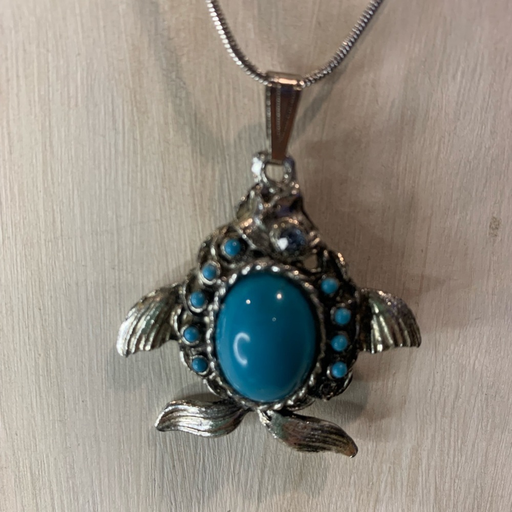 Silver and Blue Turtle Pendant Necklace